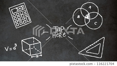 Image of school items icons and tap here text over black background, copy space Image of school items icons and tap here text over black background, copy space 116221704