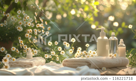 Spa cosmetics composition featuring white bottles, towels and chamomile flowers 116221718