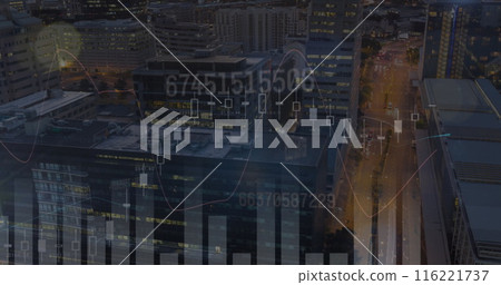 Image of financial data processing over cityscape 116221737