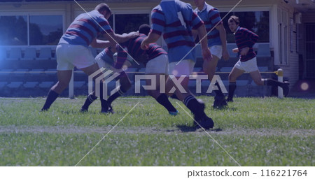 Image of glowing lights over diverse rugby players in sports stadium Image of glowing lights over diverse rugby players in sports stadium 116221764