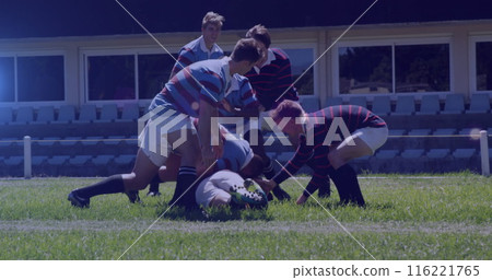 Image of glowing lights over diverse rugby players in sports stadium Image of glowing lights over diverse rugby players in sports stadium 116221765
