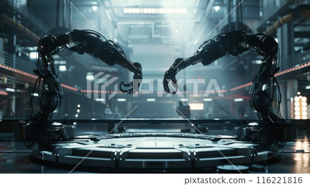 Two robotic arms facing each other in high tech industrial factory 116221816