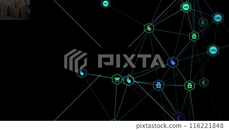 Image of network of connections with icons on black background, copy space 116221848