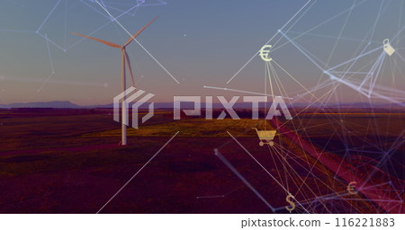 Image of icons and connections over wind turbine and landscape,, copy space 116221883