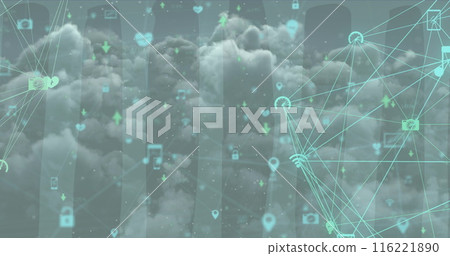Image of icons and connections over sky with clouds, copy space Image of icons and connections over sky with clouds, copy space 116221890