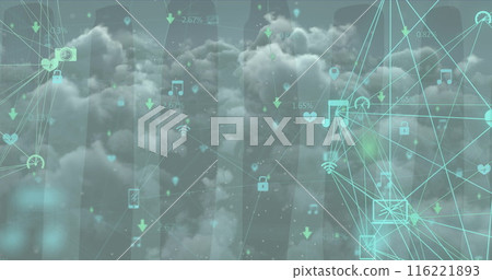 Image of icons and connections over sky with clouds, copy space Image of icons and connections over sky with clouds, copy space 116221893