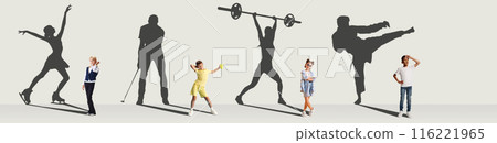 Collage. Dreams about big and famous future. Conceptual image with little boys and girls and shadows of professional sportsmen on white background. 116221965