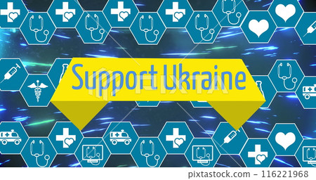 Image of support ukraine over hexagons with icons and blue lights moving fast 116221968