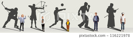 Conceptual collage. Little boys, children visualizing the future of famous athletes. in shadows of people showing different spots, white background Conceptual collage. Little boys, children visualizing the future of famous athletes. in shadows of people showing different spots, white background 116221978