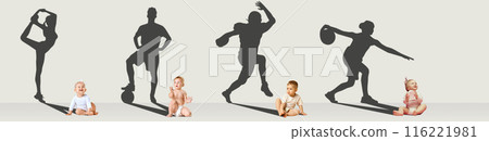 Conceptual collage. Little babies, toddlers in diaper sitting with giant shadows of athletes behind, big famous future. Banner Conceptual collage. Little babies, toddlers in diaper sitting with giant shadows of athletes behind, big famous future. Banner 116221981