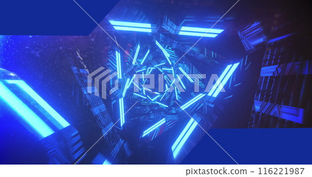 Image of stars over navy space with blue neon lights rotating Image of stars over navy space with blue neon lights rotating 116221987