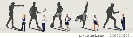 Conceptual collage. School boys and girls, children dreaming about famous and successful future in sport, standing with giant shadows of athletes behind Conceptual collage. School boys and girls, children dreaming about famous and successful future in sport, standing with giant shadows of athletes behind 116221991