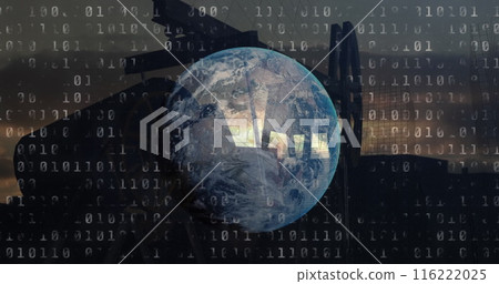 Image of financial data processing and globe over oil pump 116222025