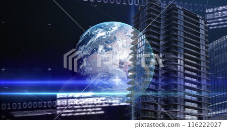 Image of financial data processing and globe over modern building Image of financial data processing and globe over modern building 116222027