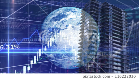 Image of financial data processing and globe over modern building Image of financial data processing and globe over modern building 116222030
