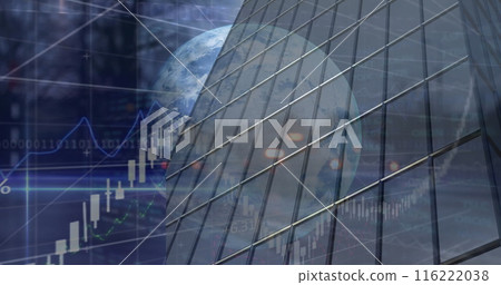 Image of financial data processing and globe over modern building 116222038