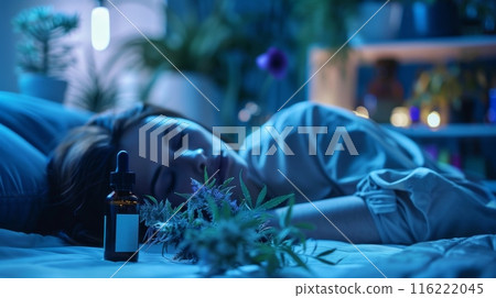 Woman experiencing the relaxing and sleep inducing effects of medical marijuana 116222045