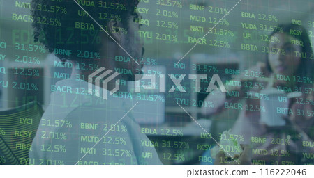 Image of stock market data processing over diverse male and female colleagues having lunch 116222046