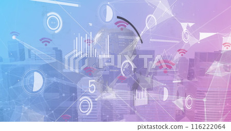 Image of plexus networks and interface with data processing against tall buildings 116222064