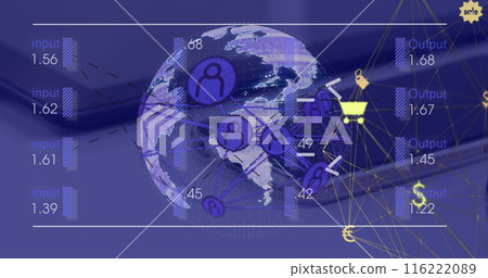 Image of interface with data processing and spinning globe against digital tablet and smartphone 116222089