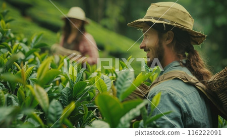 Happy tea farmer harvesting leaves in a plantation 116222091
