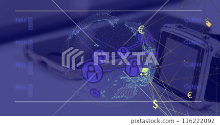 Image of interface with data processing and spinning globe against digital tablet and smartphone 116222092