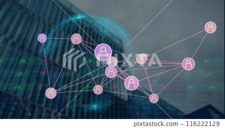 Image of network of profile icons over globe against tall buildings Image of network of profile icons over globe against tall buildings 116222129