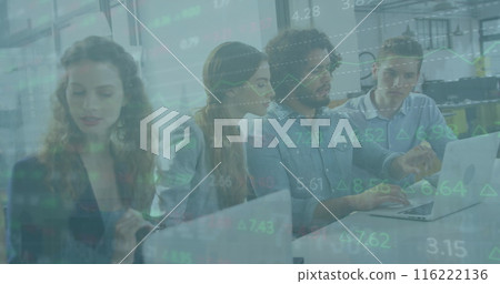 Image of financial data processing over diverse business people using computer in office Image of financial data processing over diverse business people using computer in office 116222136