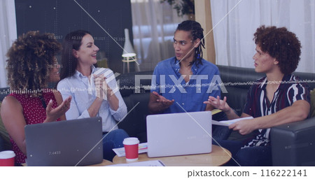 Image of a diverse team of colleagues is discussing work around table with laptops and coffee cups 116222141