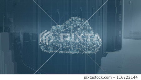Image of connected dots forming cloud and graphs over data server racks 116222144