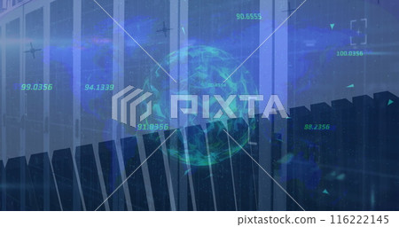 Image of globe rotating and multiple graphs with numbers over data server racks Image of globe rotating and multiple graphs with numbers over data server racks 116222145