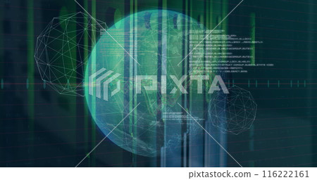 Image of connected dots forming globes, computer language, graphs over data server racks 116222161