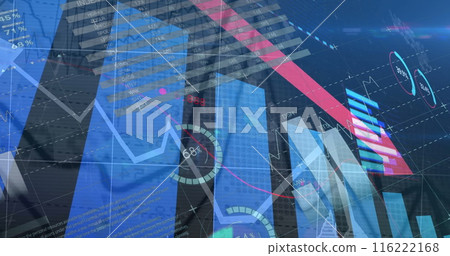 Image of statistical data processing against blue background Image of statistical data processing against blue background 116222168