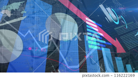 Image of statistical data processing against blue background Image of statistical data processing against blue background 116222169