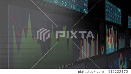 Image of multiple screens with statistical data processing against grey background 116222170