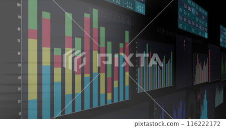 Image of multiple screens with statistical data processing against grey background Image of multiple screens with statistical data processing against grey background 116222172