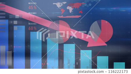 Image of statistical data processing against blue background Image of statistical data processing against blue background 116222173