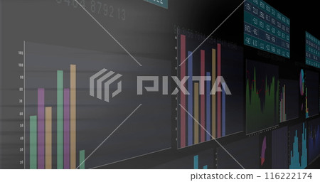 Image of multiple screens with statistical data processing against grey background Image of multiple screens with statistical data processing against grey background 116222174