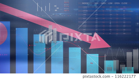 Image of statistical data processing against blue background Image of statistical data processing against blue background 116222177