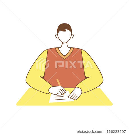 Boy High School Student Cartoon Character is Writing on Paper Boy High School Student Cartoon Character is Writing on Paper 116222207