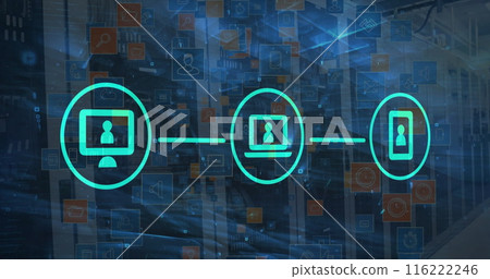 Image of icons, neon lines, data processing over servers 116222246