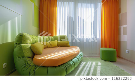 AI-generated item. Interior of a living room with a green sofa and orange curtains. AI-generated item. Interior of a living room with a green sofa and orange curtains. 116222293