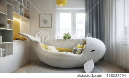 AI-generated item. Interior of a modern children's room with a whale-shaped bed. 116222294