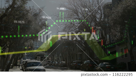 Image of line graphs with numbers over tram moving on tramway amidst cars parked on road in city 116222295