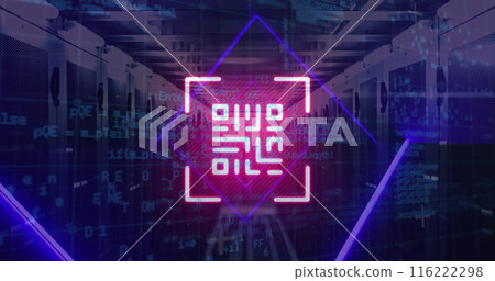 Image of qr code, neon lines, data processing over servers 116222298