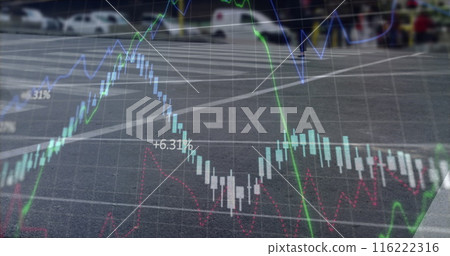Image of multiple graph and numbers over time-lapse of low section of people crossing road 116222316