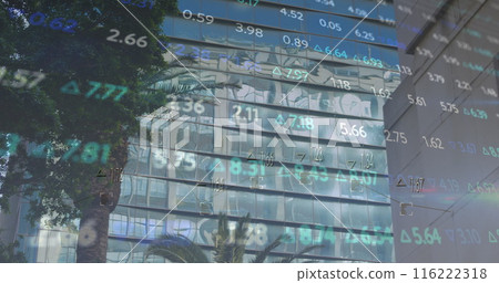 Image of trading board and graph over low angle view of building and tree in city 116222318