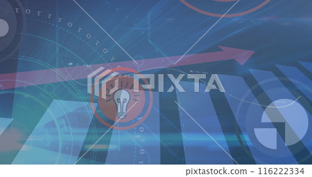 Image of floating icons in circles over graphs, arrow, binary codes against abstract background 116222334
