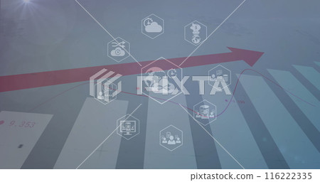 Image of icon in hexagons over bar graphs with numbers and red arrow 116222335