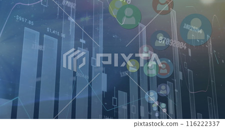 Image of multiple graphs with changing numbers over profile icons on abstract background Image of multiple graphs with changing numbers over profile icons on abstract background 116222337